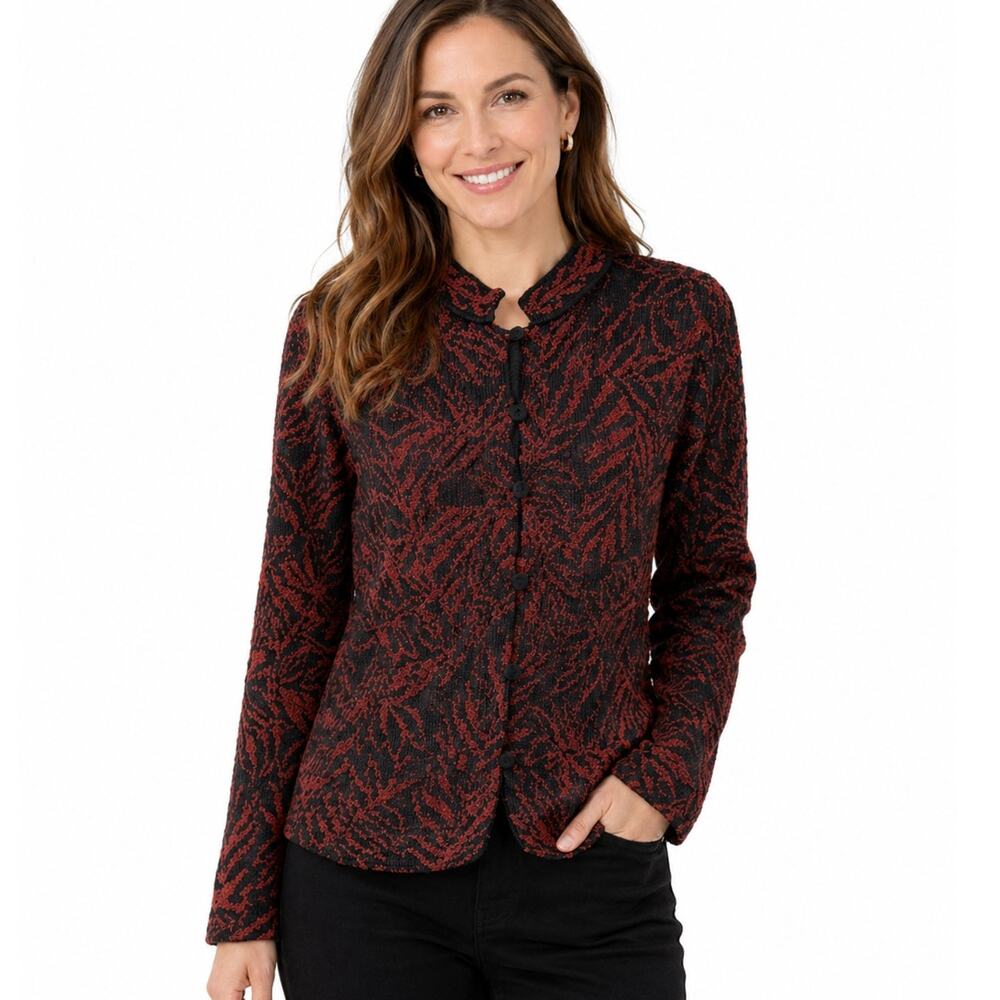 Millma Bolivia Pima Cotton Cardigan M Black Red Pattern Button Front EUC Classic